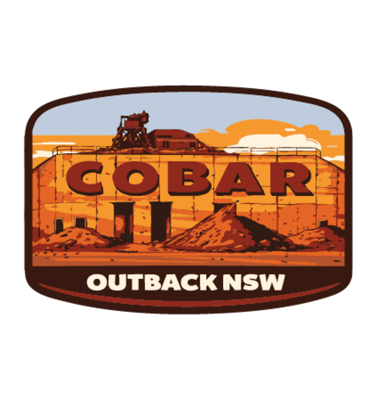 Cobar illustrated travel patch design featuring a mining headframe in a red outback landscape.