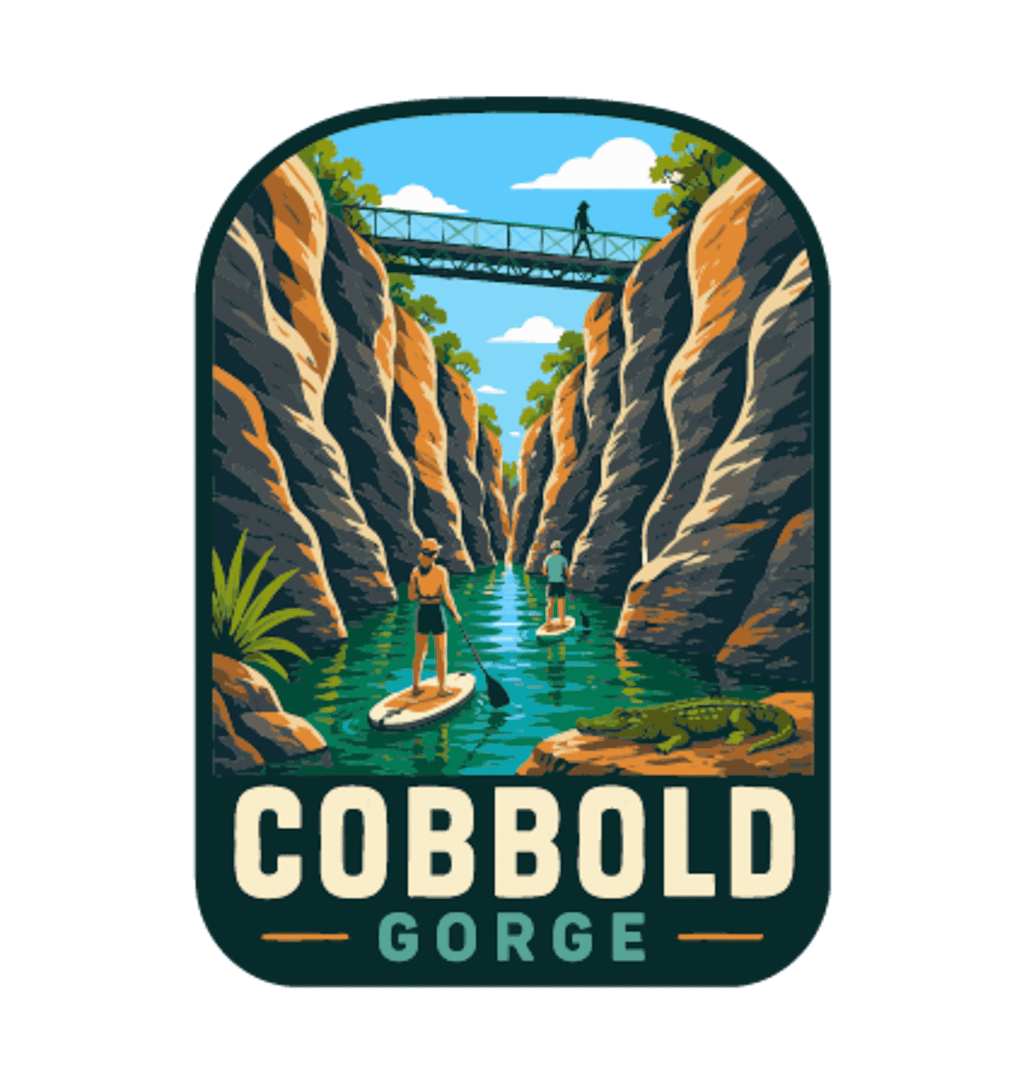 Cobbold Gorge illustrated travel patch design featuring a boat travelling between narrow sandstone gorge walls.