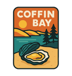 Coffin Bay illustrated travel patch design featuring a white sandy beach and turquoise coastline.