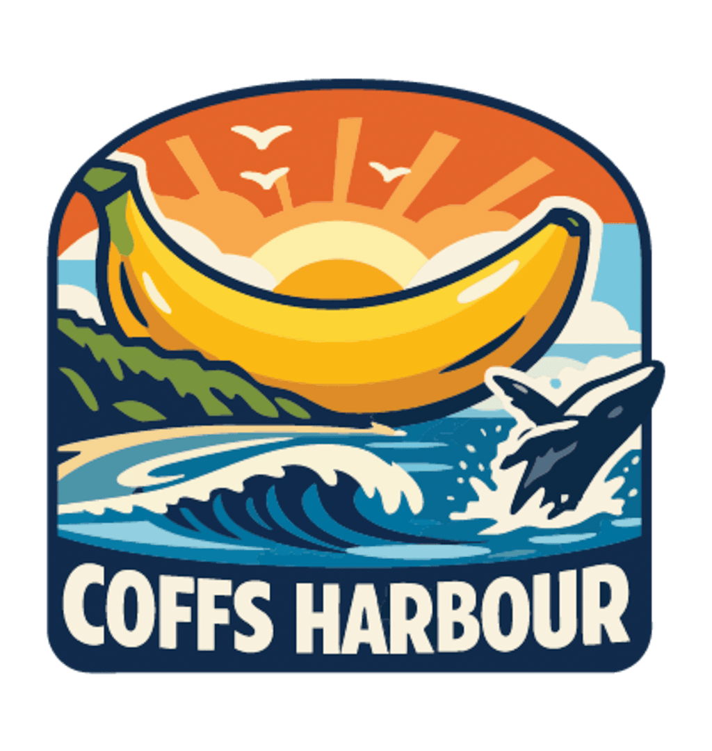 Coffs Harbour illustrated travel patch design featuring the Big Banana landmark.