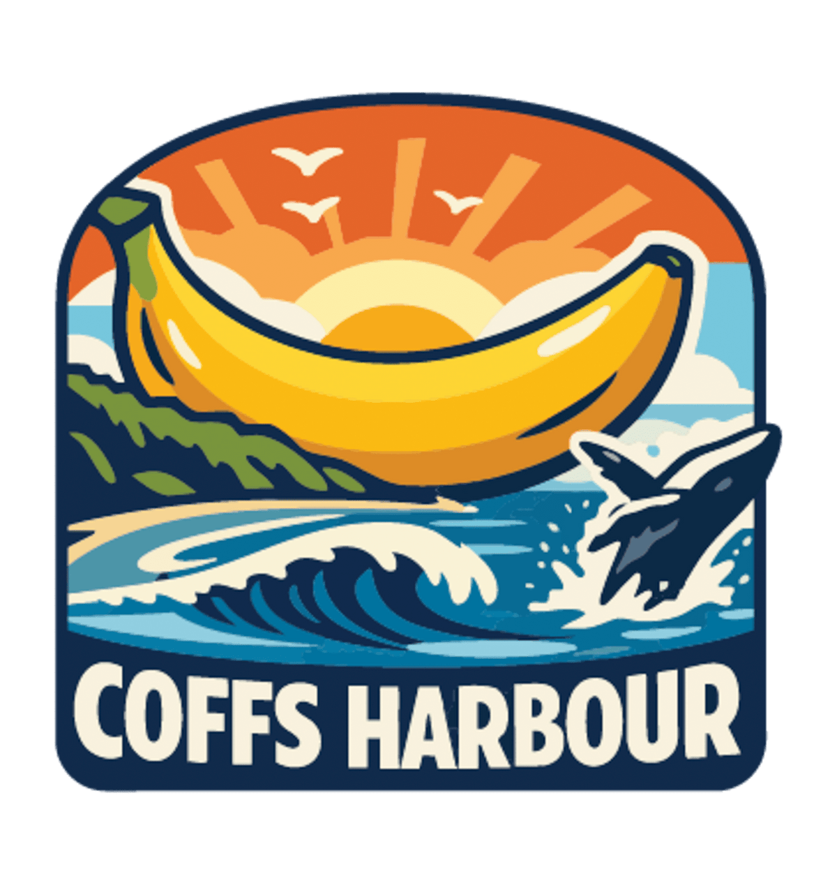 Coffs Harbour illustrated travel patch design featuring the Big Banana landmark.