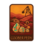 Coober Pedy illustrated travel patch design featuring an opal-mining and underground dugout landscape.