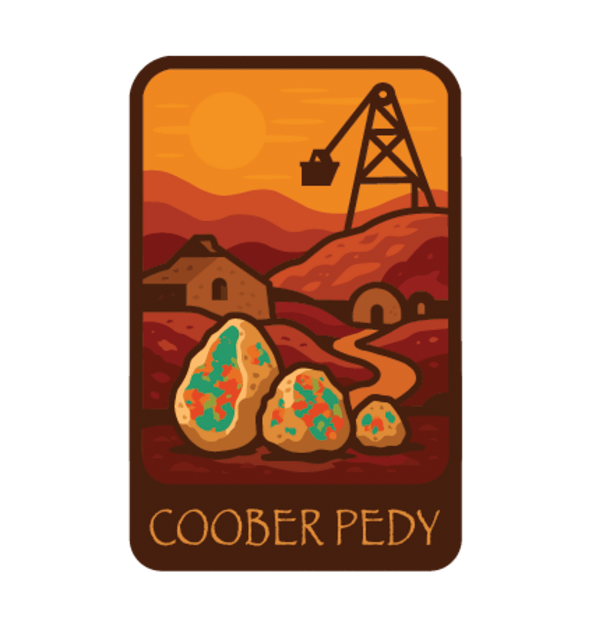 Coober Pedy illustrated travel patch design featuring an opal-mining and underground dugout landscape.