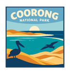 Coorong National Park illustrated travel patch design featuring a pelican on sand dunes and a dolphin in turquoise coastal water.