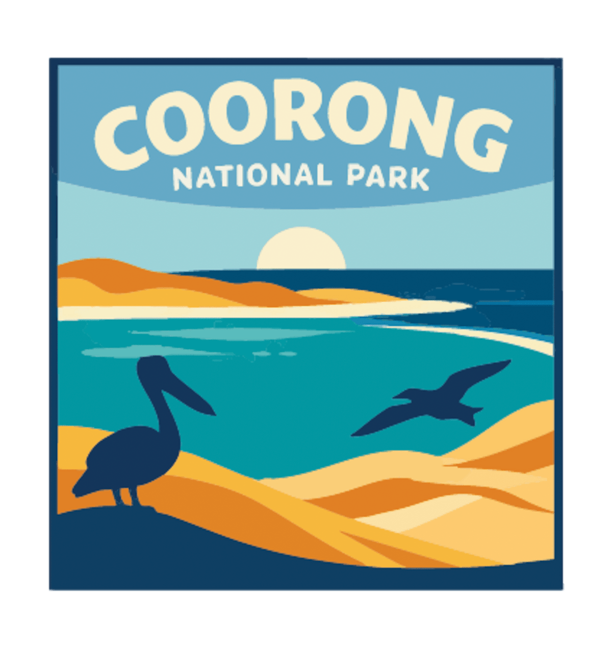 Coorong National Park illustrated travel patch design featuring a pelican on sand dunes and a dolphin in turquoise coastal water.