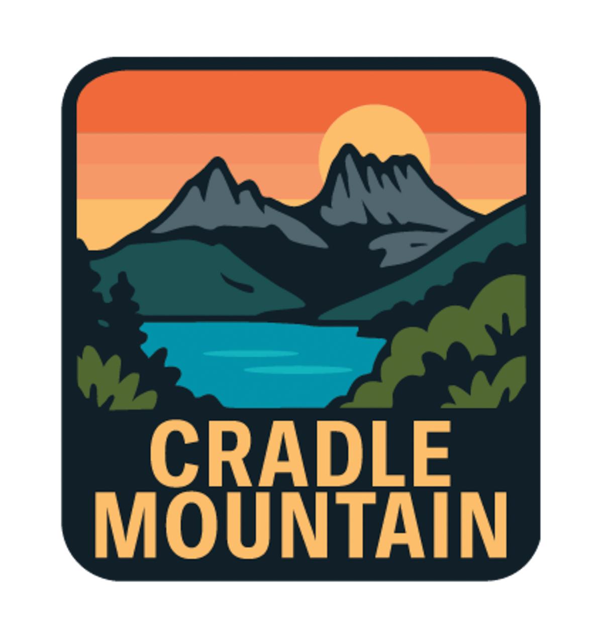 Cradle Mountain illustrated travel patch design featuring Cradle Mountain peaks reflected in a blue lake at sunset.