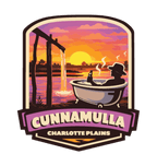 Cunnamulla - Charlotte Plains illustrated travel patch design featuring a person relaxing in an outdoor bath at Charlotte Plains beneath a sunset sky.