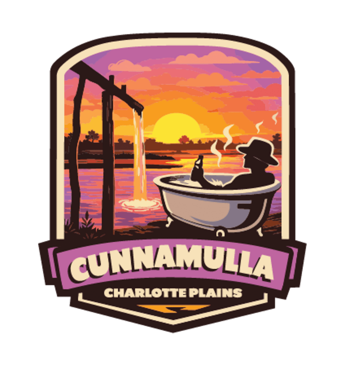 Cunnamulla - Charlotte Plains illustrated travel patch design featuring a person relaxing in an outdoor bath at Charlotte Plains beneath a sunset sky.