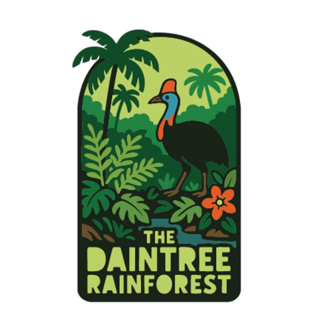 Daintree Rainforest illustrated travel patch design featuring a cassowary surrounded by tropical rainforest, palms and flowers.