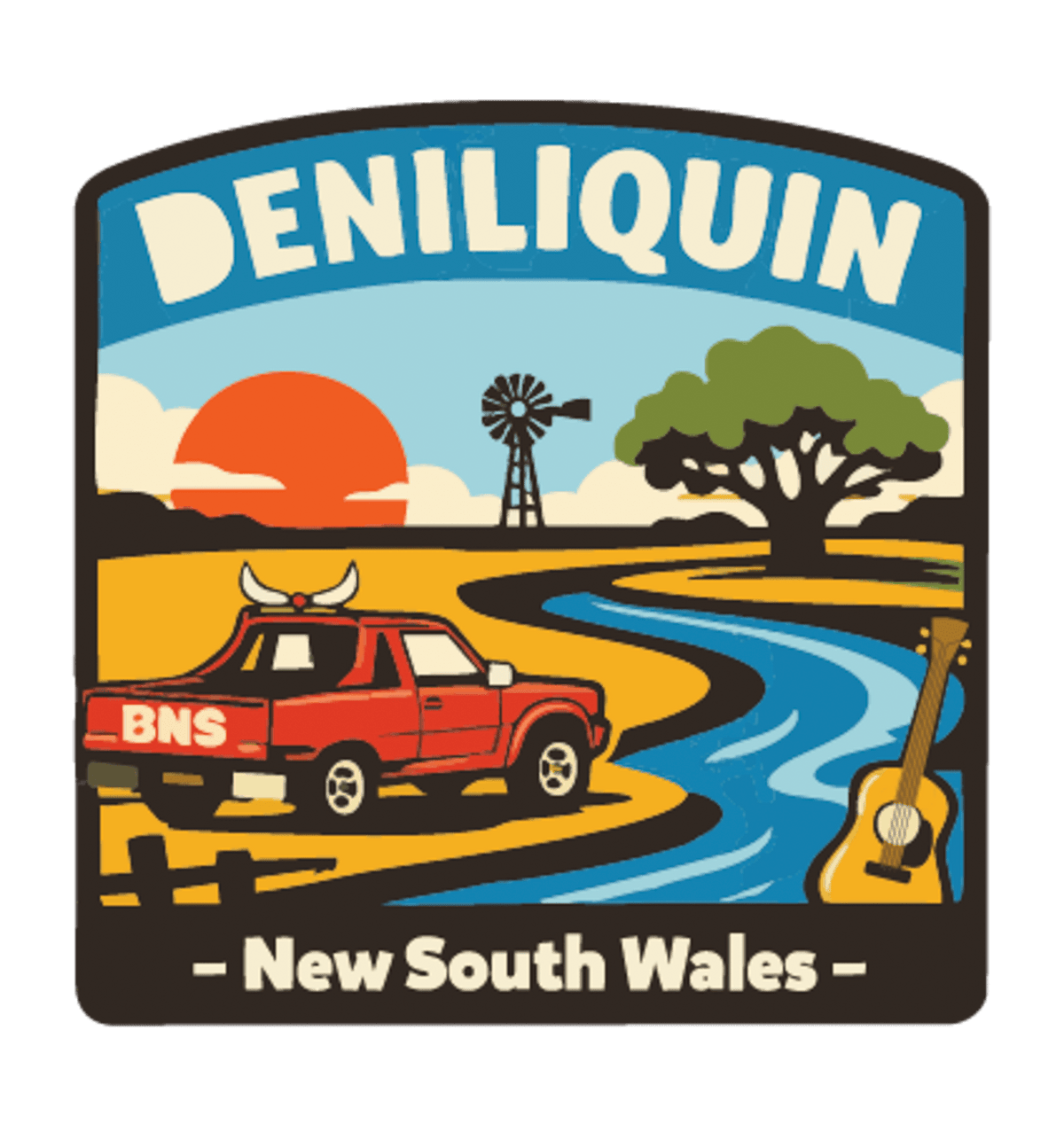 Deniliquin illustrated travel patch design featuring a red ute, guitar, windmill and winding river beneath an orange sunset.