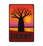 Derby illustrated travel patch design featuring a jetty extending across tidal flats at sunset.