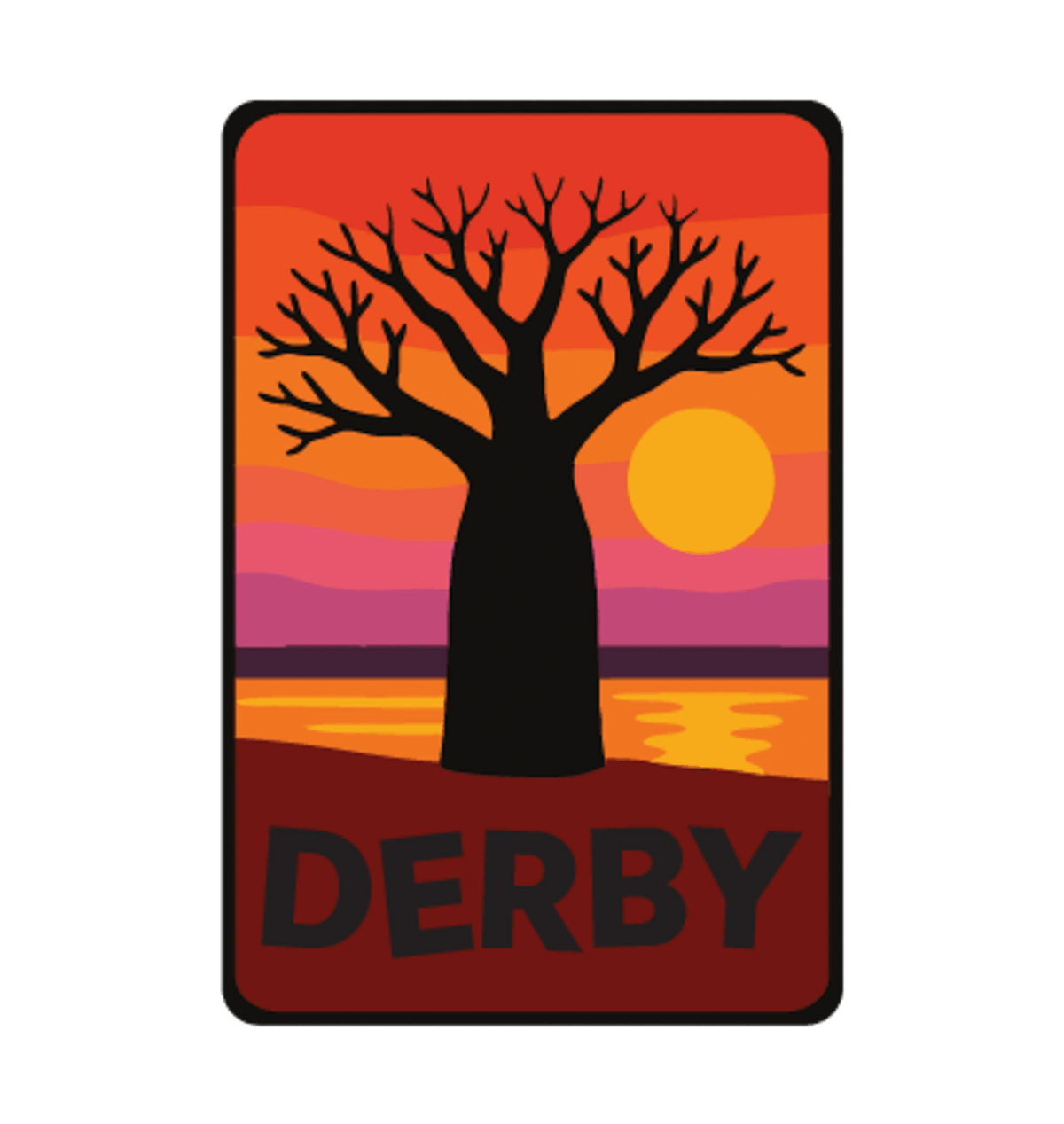 Derby illustrated travel patch design featuring a jetty extending across tidal flats at sunset.