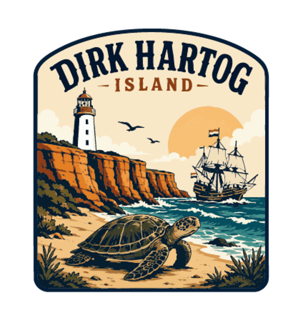 Dirk Hartog Island illustrated travel patch design featuring a lighthouse on a rugged island coast.