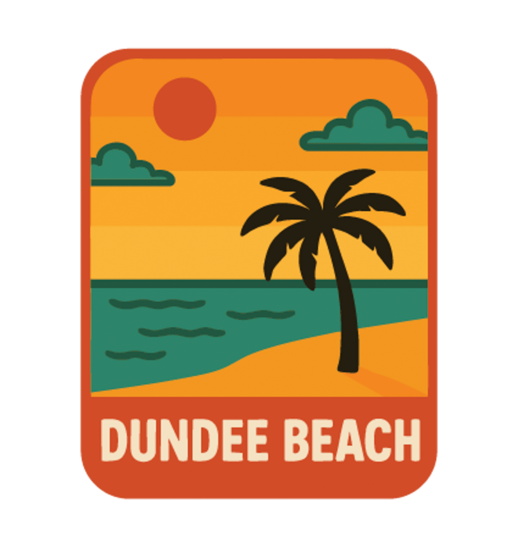 Dundee Beach illustrated travel patch design featuring a tropical beach with palm trees.