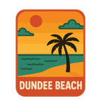 Dundee Beach illustrated travel patch design featuring a tropical beach with palm trees.
