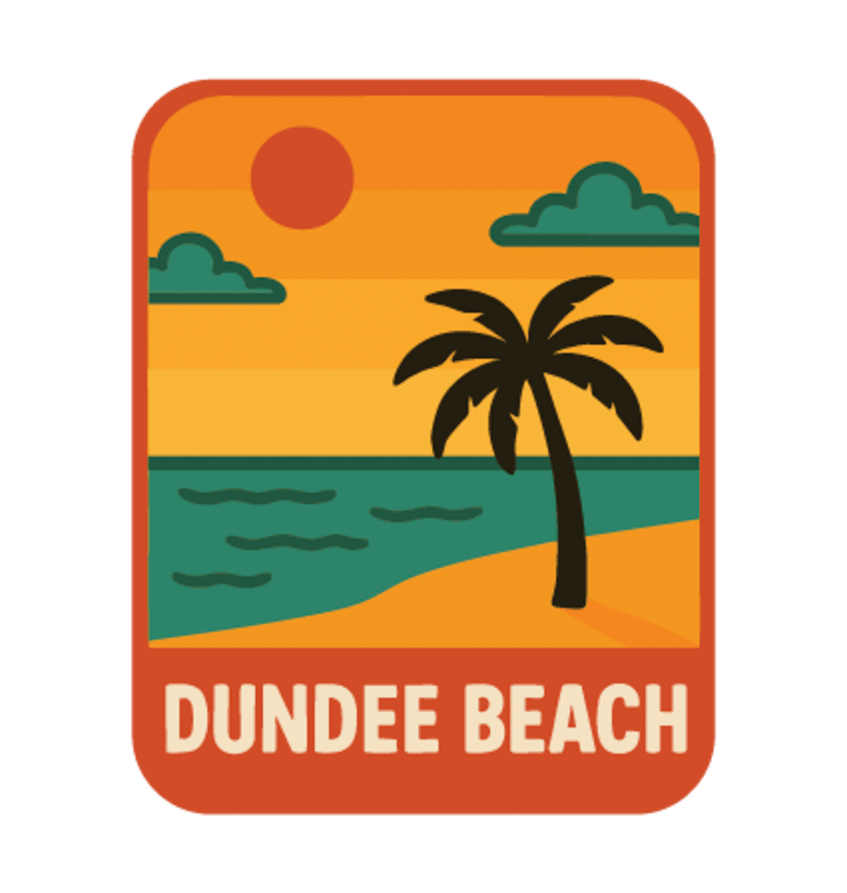 Dundee Beach illustrated travel patch design featuring a tropical beach with palm trees.