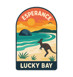 Esperance - Lucky Bay illustrated travel patch design featuring a kangaroo on the white sand of Lucky Bay beside turquoise water.