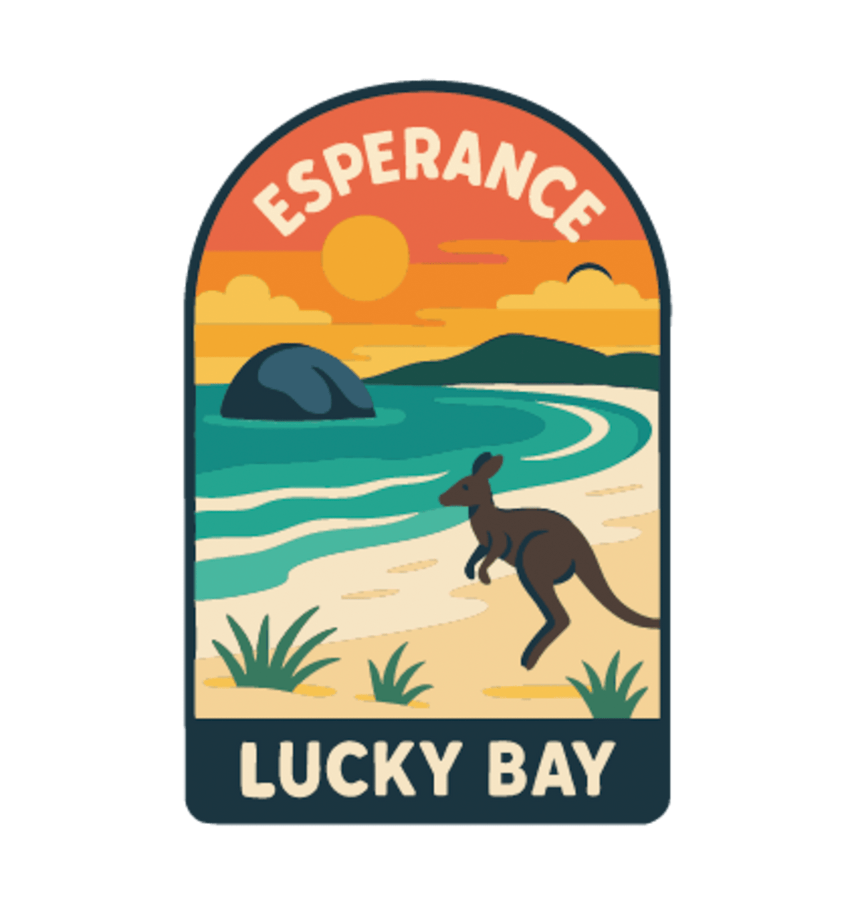 Esperance - Lucky Bay illustrated travel patch design featuring a kangaroo on the white sand of Lucky Bay beside turquoise water.