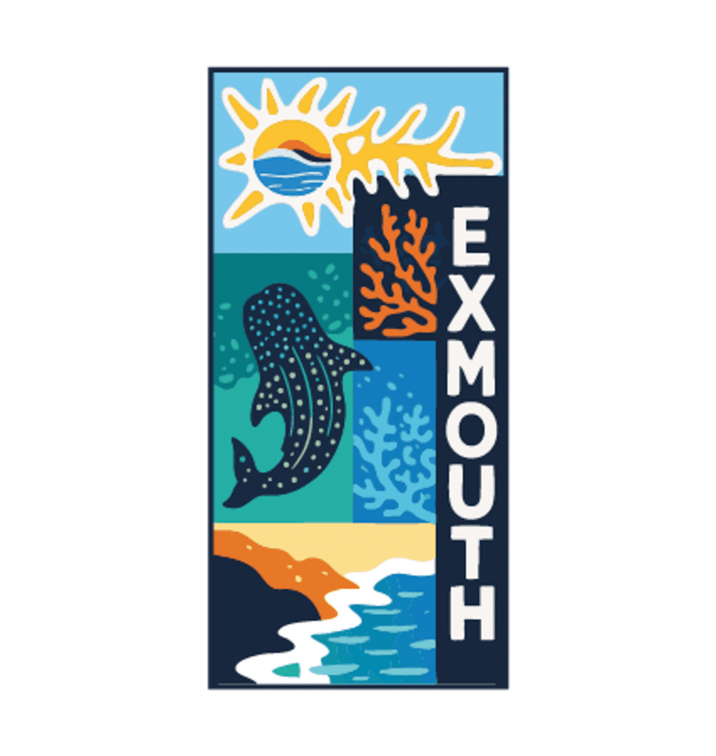 Exmouth illustrated travel patch design featuring a whale shark swimming through blue ocean.