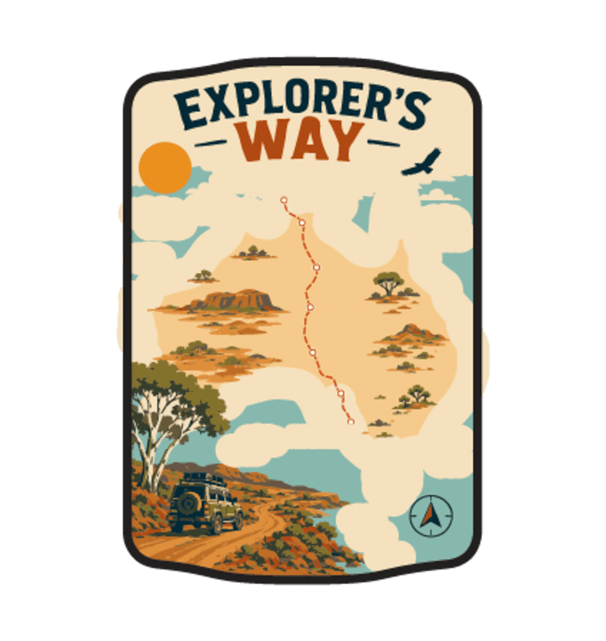 Explorers Way illustrated travel patch design featuring an outback road through red desert country.