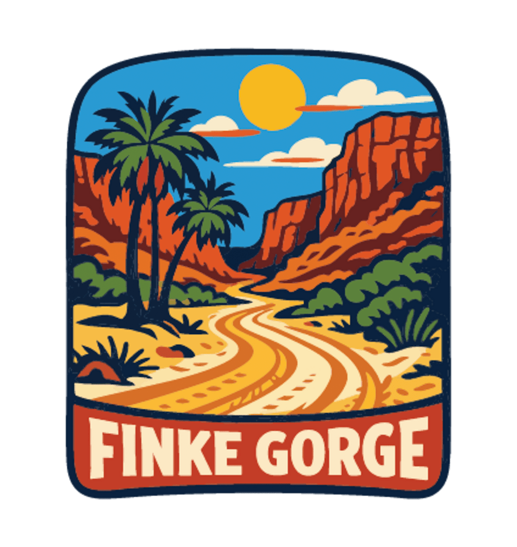 Finke Gorge illustrated travel patch design featuring red gorge walls and desert vegetation.