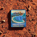 Freycinet - Wineglass Bay embroidered travel patch with Wineglass Bay, turquoise water and granite mountains.