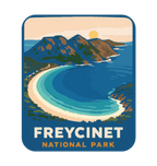 Freycinet - Wineglass Bay illustrated travel patch design featuring Wineglass Bay, turquoise water and granite mountains.