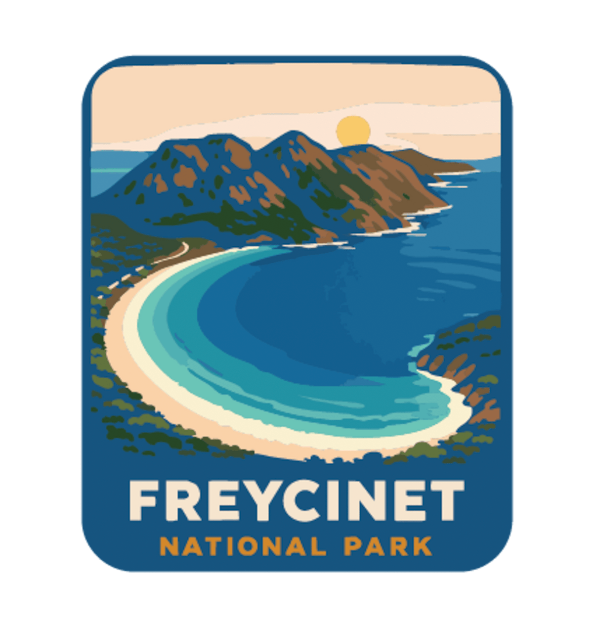 Freycinet - Wineglass Bay illustrated travel patch design featuring Wineglass Bay, turquoise water and granite mountains.