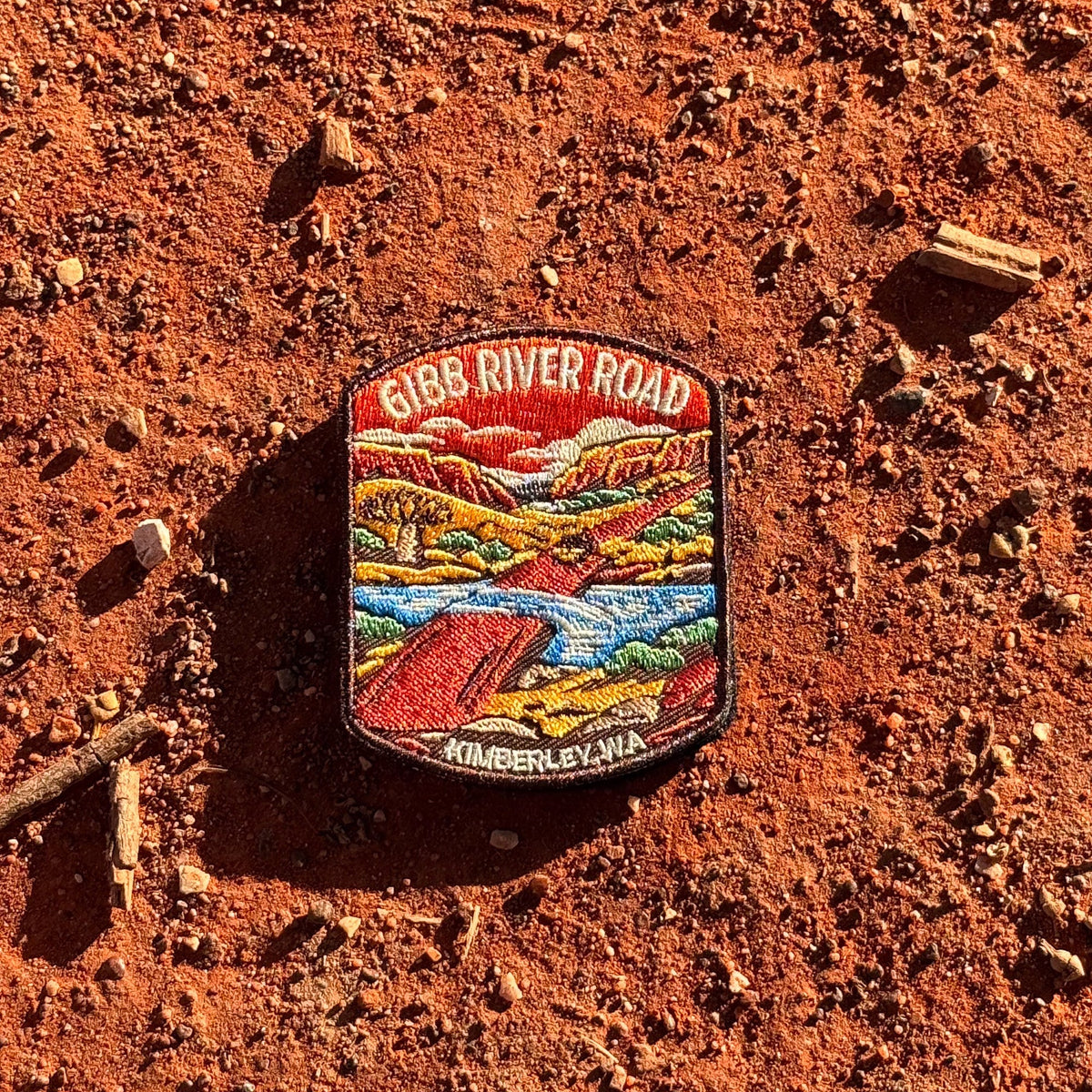 Gibb River Road embroidered travel patch with a four-wheel drive on a remote Kimberley river crossing.
