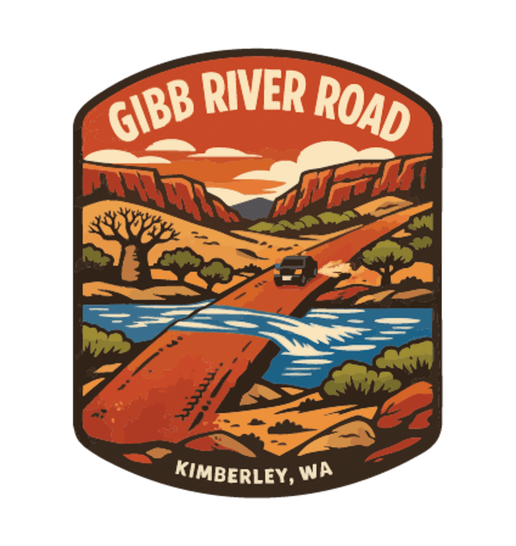 Gibb River Road illustrated travel patch design featuring a four-wheel drive on a remote Kimberley river crossing.