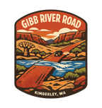 Gibb River Road illustrated travel patch design featuring a four-wheel drive on a remote Kimberley river crossing.