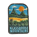 Glass House Mountains embroidered travel patch with the distinctive Glass House Mountains; photographed on a transparent background.