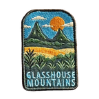 Glass House Mountains embroidered travel patch with the distinctive Glass House Mountains; photographed on a transparent background.