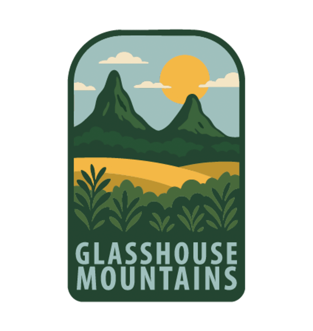 Glass House Mountains illustrated travel patch design featuring the distinctive Glass House Mountains.