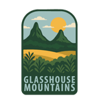 Glass House Mountains illustrated travel patch design featuring the distinctive Glass House Mountains.