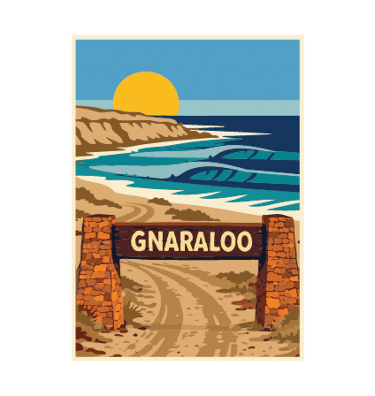 Gnaraloo Station illustrated travel patch design featuring a breaking ocean wave along a rugged coastline.