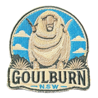 Goulburn embroidered travel patch with the Big Merino landmark; photographed on a transparent background.