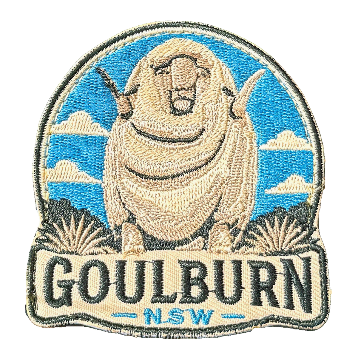 Goulburn embroidered travel patch with the Big Merino landmark; photographed on a transparent background.