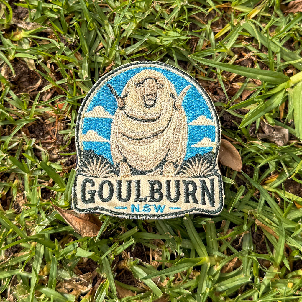 Goulburn embroidered travel patch with the Big Merino landmark.