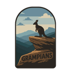 Grampians illustrated travel patch design featuring sandstone mountains and forested valleys.