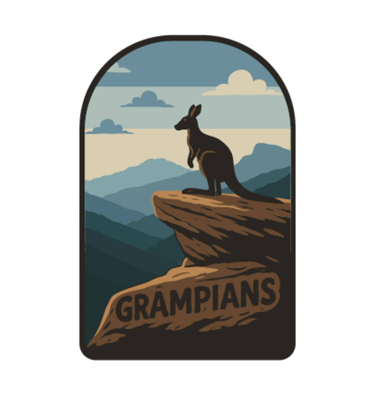 Grampians illustrated travel patch design featuring sandstone mountains and forested valleys.