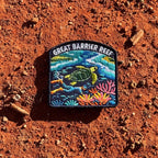Great Barrier Reef embroidered travel patch with a sea turtle above a colourful coral reef.