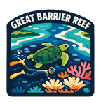 Great Barrier Reef illustrated travel patch design featuring a sea turtle above a colourful coral reef.