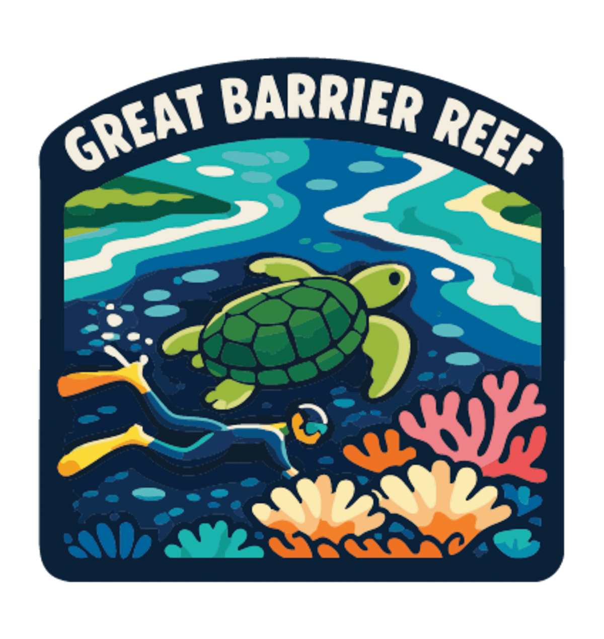 Great Barrier Reef illustrated travel patch design featuring a sea turtle above a colourful coral reef.