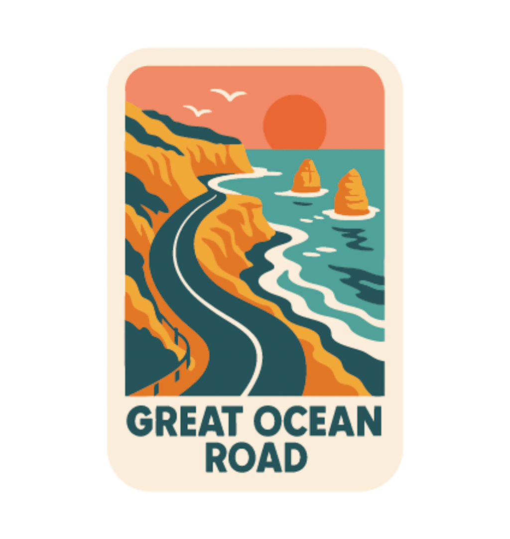 Great Ocean Road illustrated travel patch design featuring the Twelve Apostles sea stacks beside the ocean.