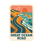 Great Ocean Road illustrated travel patch design featuring the Twelve Apostles sea stacks beside the ocean.