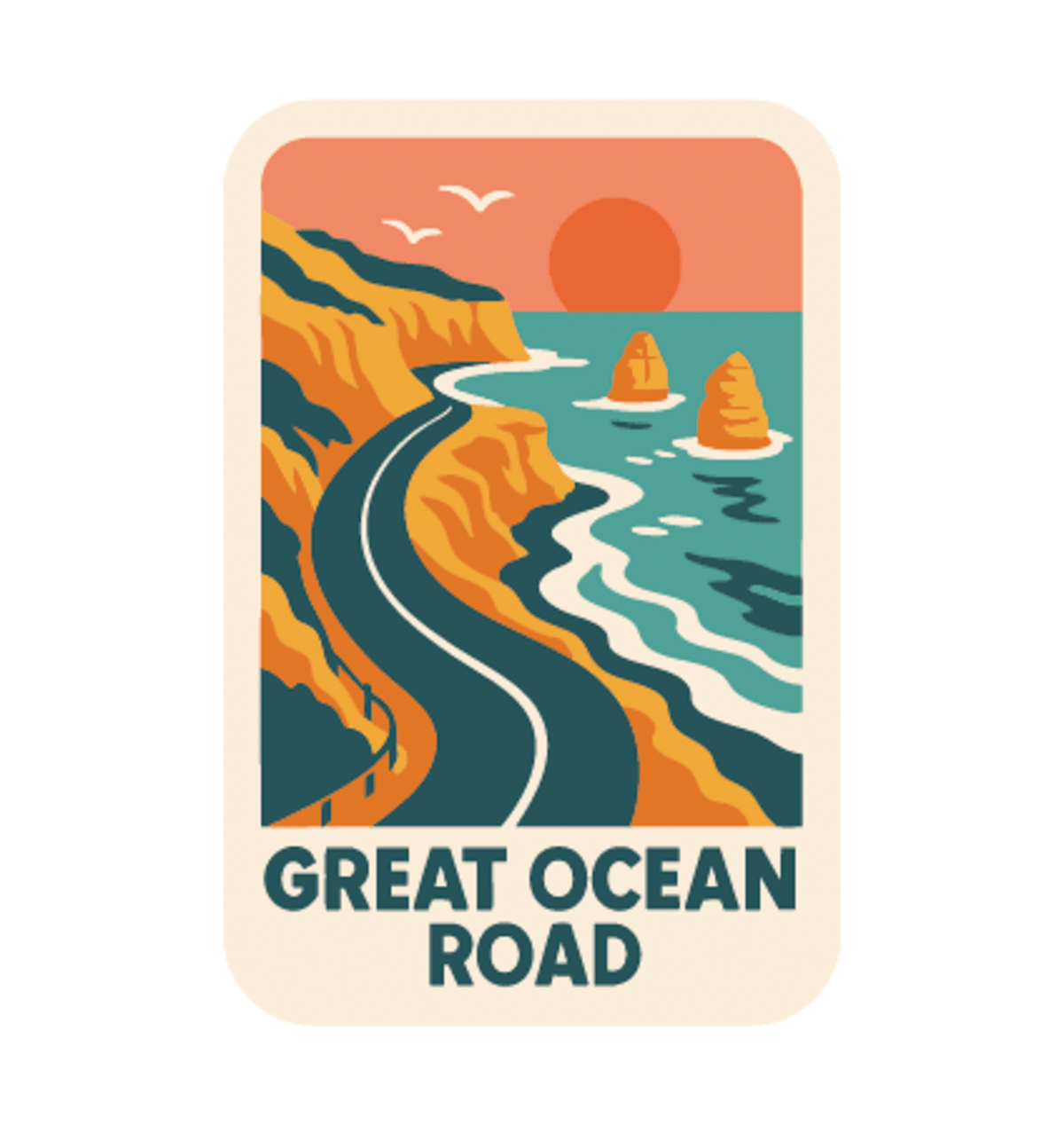 Great Ocean Road illustrated travel patch design featuring the Twelve Apostles sea stacks beside the ocean.