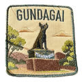 Gundagai embroidered travel patch with the Dog on the Tuckerbox monument; photographed on a transparent background.