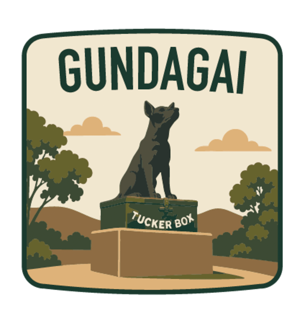 Gundagai illustrated travel patch design featuring the Dog on the Tuckerbox monument.