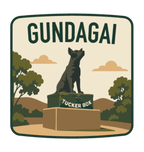 Gundagai illustrated travel patch design featuring the Dog on the Tuckerbox monument.